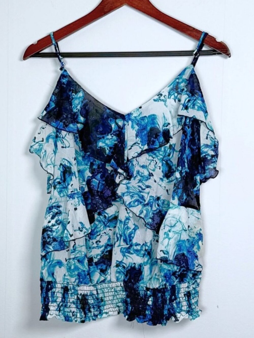 Y2K Charlotte Russe Ruffled Smocked Waist Blue Cami Blouse XL Sheer